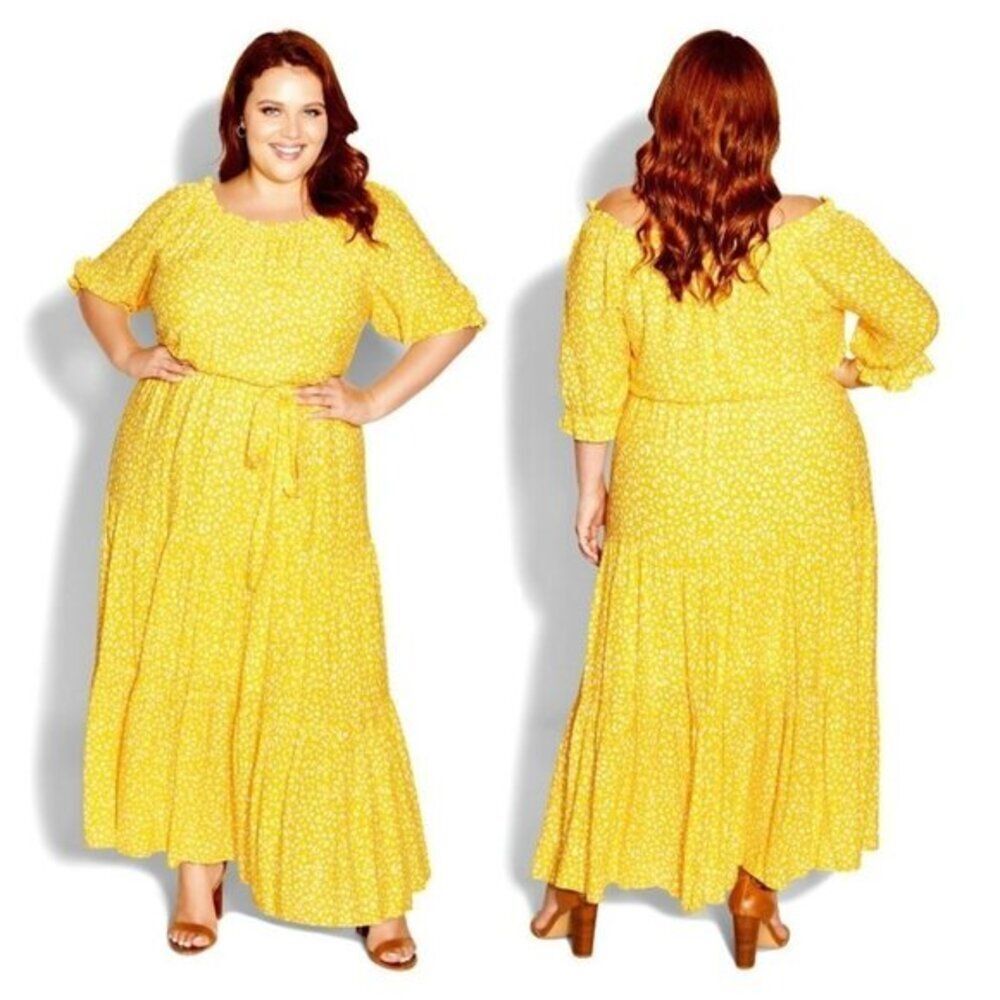 City Chic Size 16 Women's Floral Print Tiered Maxi Dress Cocktail EveningYellow